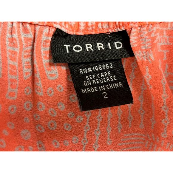 Torrid Doodle Print Georgette Ruffle Blouse Womens Size 2 (2X) Neon Coral - Picture 3 of 6